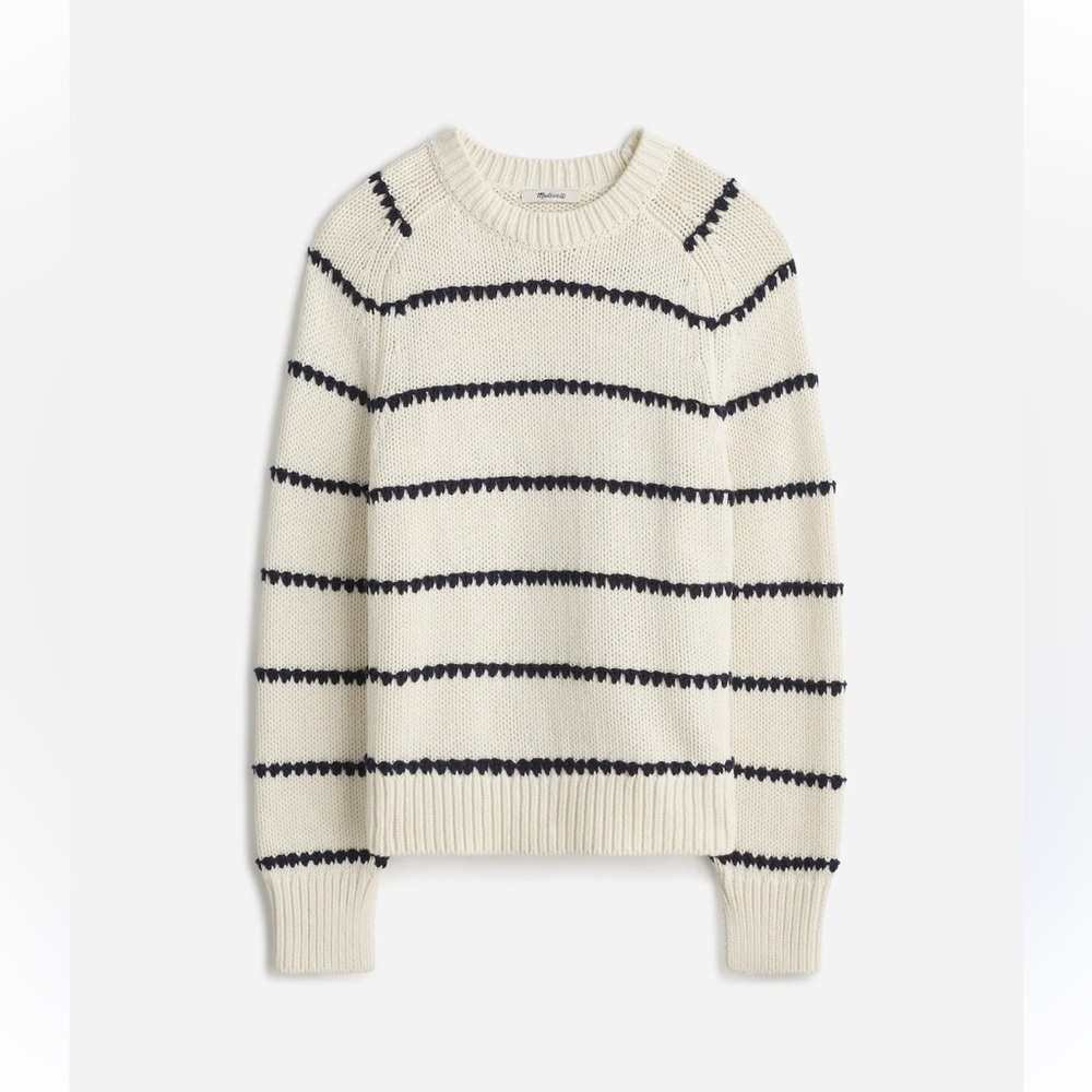 MADEWELL Textured Cotton Crewneck Sweater in Bright Ivory Navy Stripe NEW